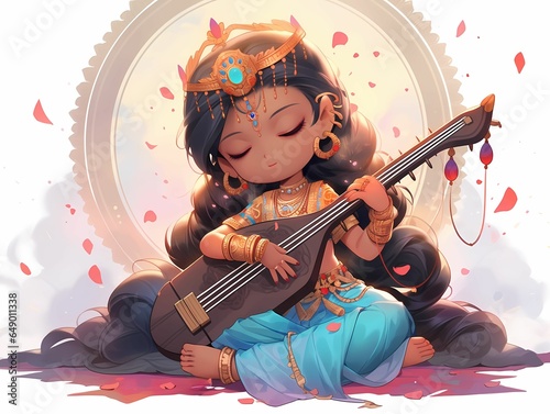 Saraswati, chibi style, Generative AI photo