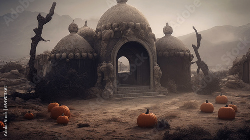 stone temple in the desert, fantasy setting, occult, ethereal fog