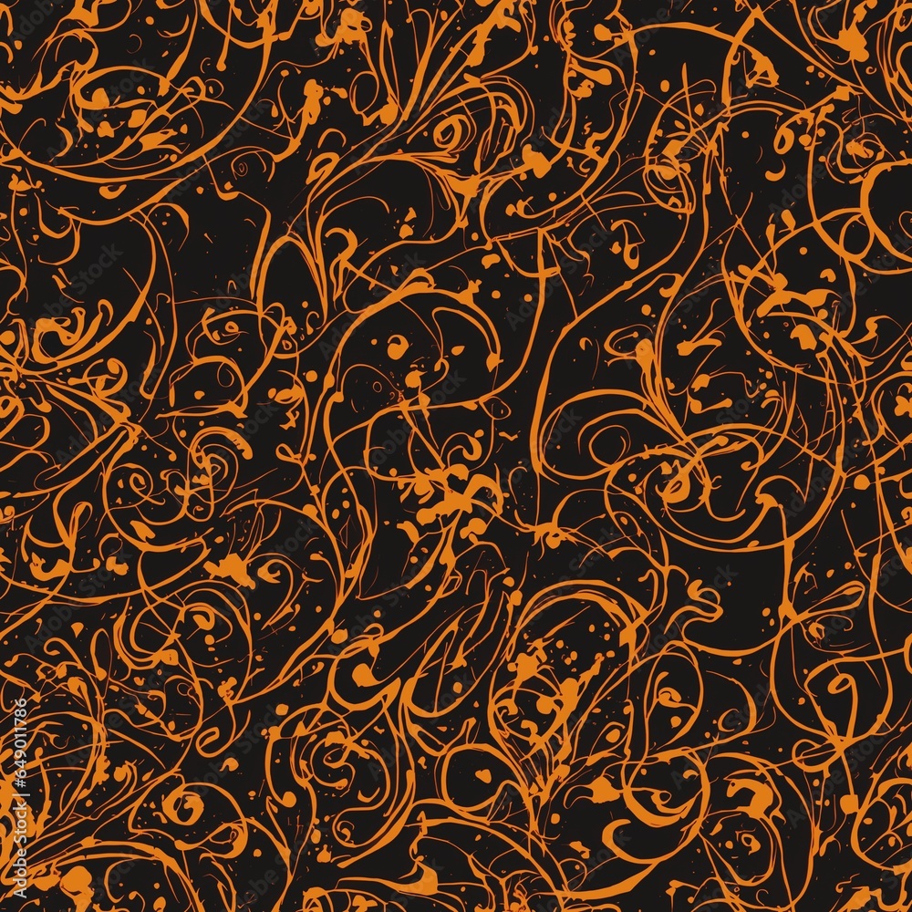 Orange on black flourishes swirls and spirals seamless background pattern
