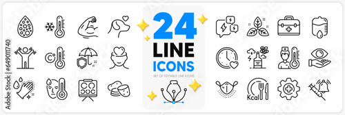 Icons set of Washing hands, Potato and Fair trade line icons pack for app with Umbrella, Artificial colors, First aid thin outline icon. Pets care, Thermometer, Health eye pictogram. Vector
