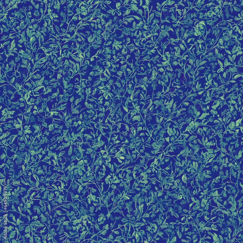 Green leaves on blue seamless background pattern