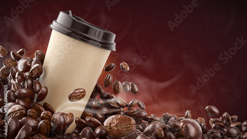 Hot takeway espresso morning coffee in cardboard paper cup. Fresh roasted Beans. Coffee-To-go fragrant drink with aromatic smoke and steam on dark background. Cafe Banner design. 3D illustration. photo