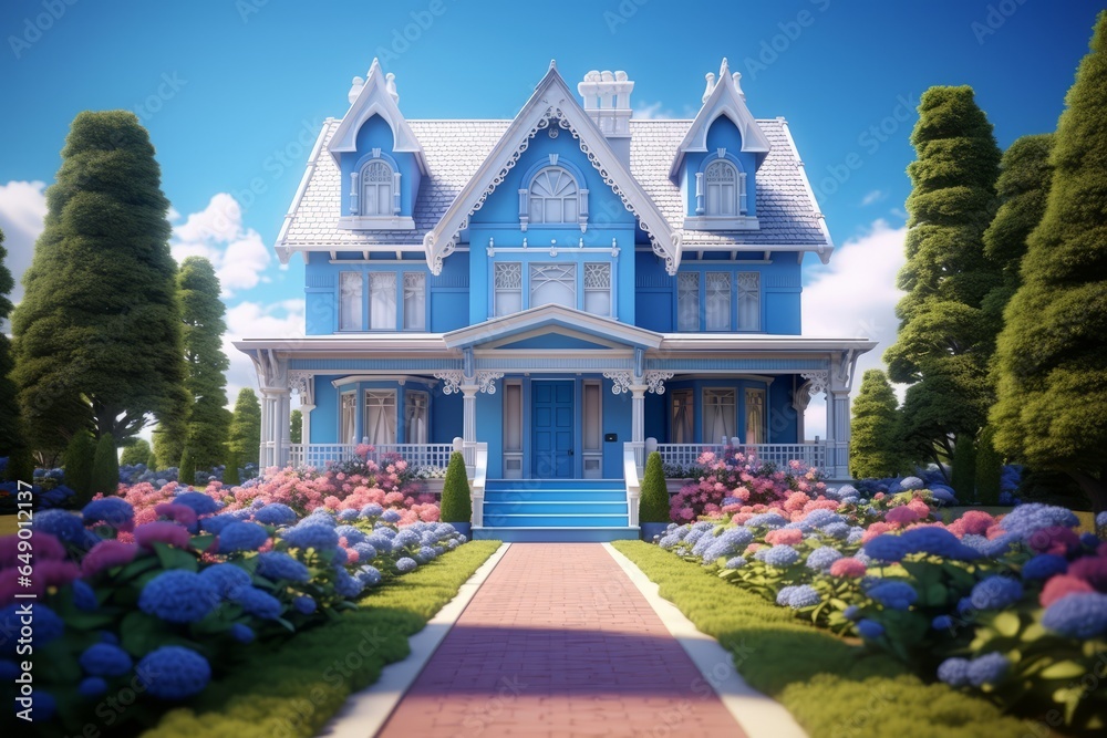 A charming, serene blue countryside house nestled among trees, Generative AI