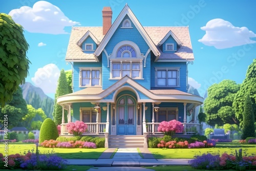 A charming, serene blue countryside house nestled among trees, Generative AI
