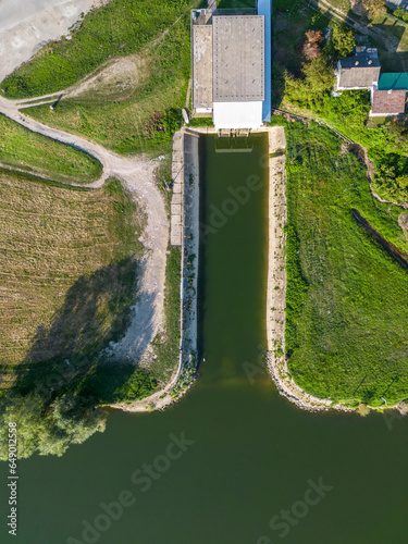 Top down aerial view of Zagreb city heating plant intake of cold, fresh water for cooling the plant down