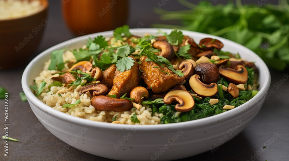 Lunch plate. Cauliflower rice bowl topped with seared to, generative ai