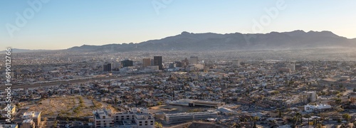 Borderland Panorama: 4K Panoramic View of El Paso City and Ciudad de Juarez with Mountains and Sky