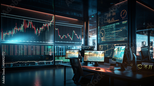 trading charts with bearish and bullish trends on a neon illuminated screen, modern tech having no human figures around, glass window large office with holographic screens