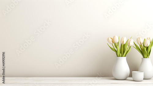 white tulips in vase on table against a white wall, product display shelf, photography presentation
