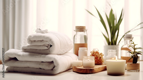 Towels with herbal bags and beauty treatment items set in the spa center in a white room