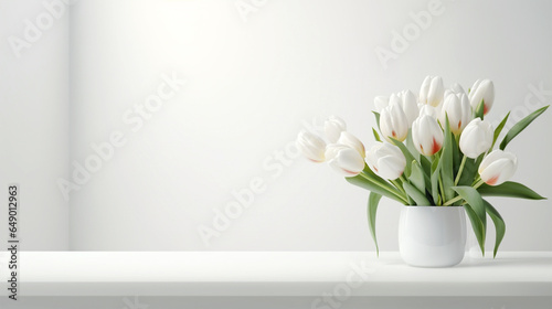white tulips in vase on table against a white wall, product display shelf, photography presentation
