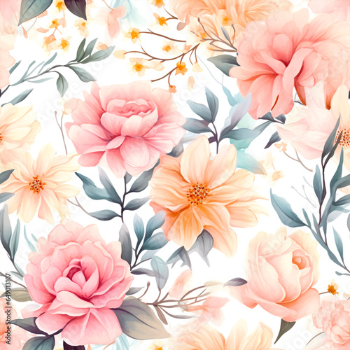 watercolor seamless pattern with poppies and colorful flowers