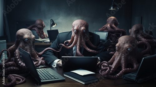 Frightening octopus boss among his workers staring at spectator