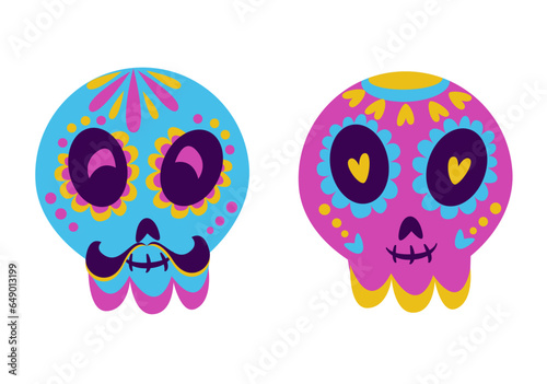 Hand drawn flat dia de muertos skulls collection.