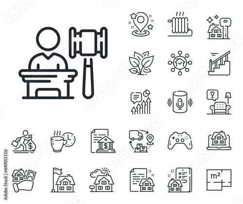 Bid offer sign. Floor plan, stairs and lounge room outline icons. Auction line icon. Act hammer deal symbol. Auction line sign. House mortgage, sell building icon. Real estate. Vector