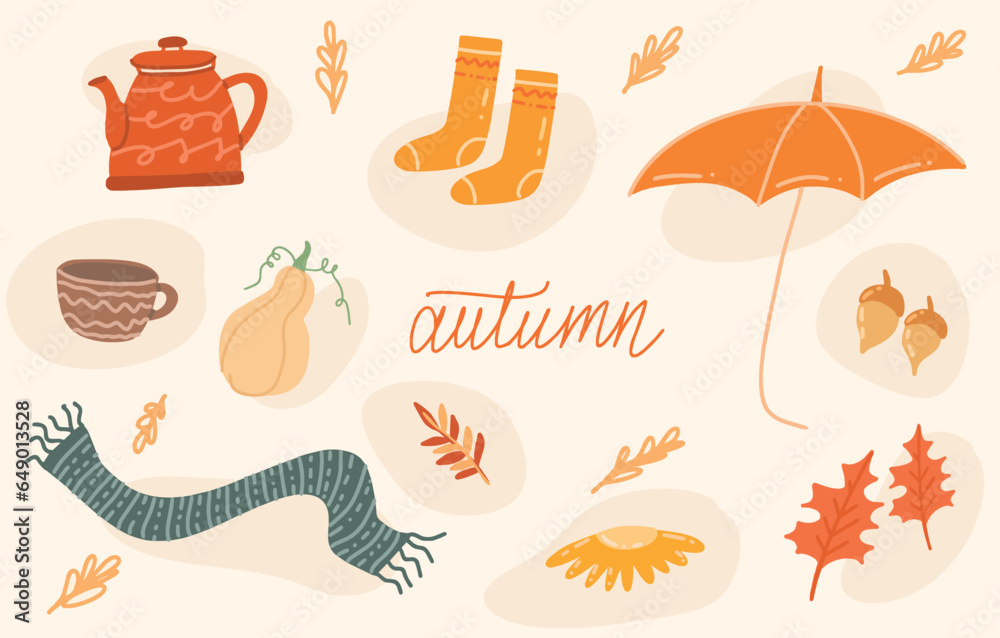 Autumn set, hand drawn cozy elements and calligraphy Autumn set, hand drawn cozy elements and calligraphy
