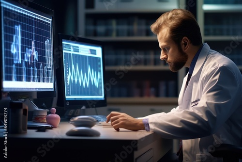 A man wearing a lab coat is seen working diligently on a computer. This image can be used to depict a scientist, researcher, or professional working in a laboratory or scientific setting.