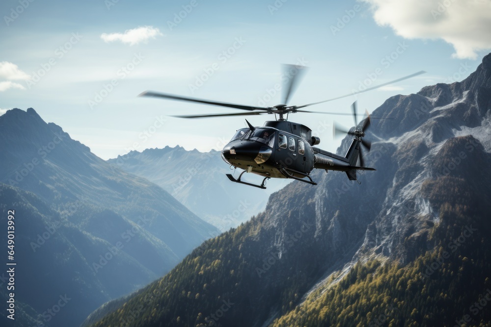 A helicopter is flying over a majestic mountain range. This image captures the beauty of nature and the thrill of aviation. Perfect for travel magazines, adventure blogs, and aviation-themed websites. - obrazy, fototapety, plakaty 