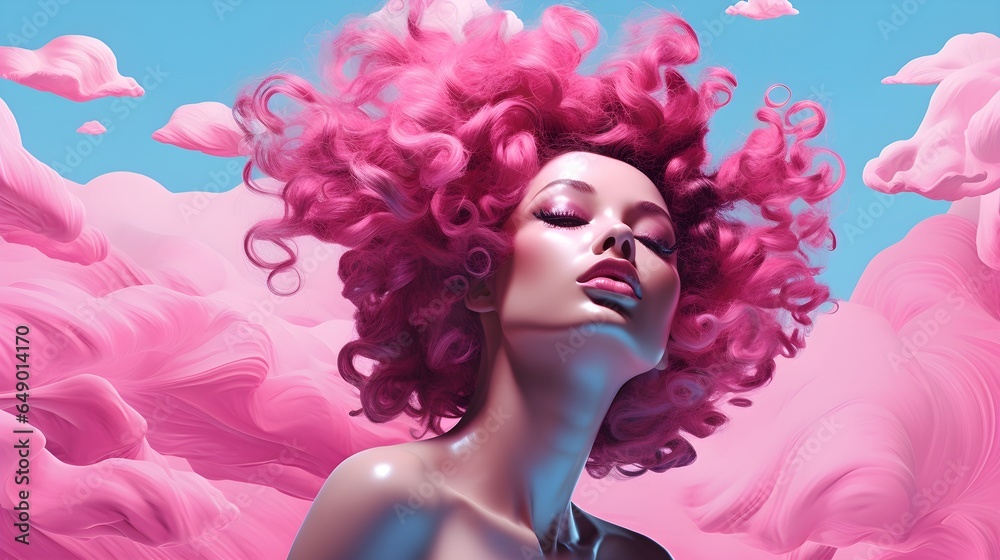 Pink Clouds and Curls: Surreal Portrait of a Woman with Pink Hair. Generative AI