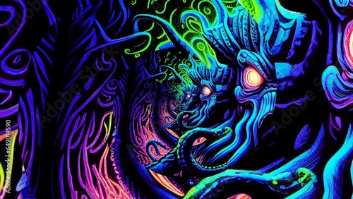 Cthulhu Trippy Blacklight Poster Style VJ Seamless Animation Looping Video Neon Colors Strange Nightmare Gods HP Lovecraft Halloween Monsters Tentacle Sea Kraken Otherworldly Alien Scifi Fantasy photo