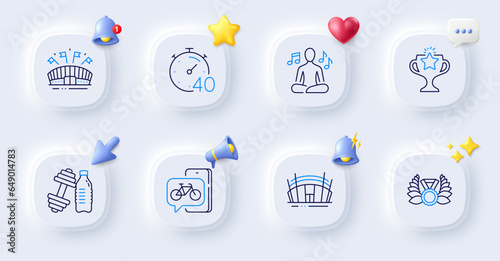 Sports arena, Arena stadium and Laureate medal line icons. Buttons with 3d bell, chat speech, cursor. Pack of Timer, Yoga music, Bike app icon. Victory, Dumbbell pictogram. Vector