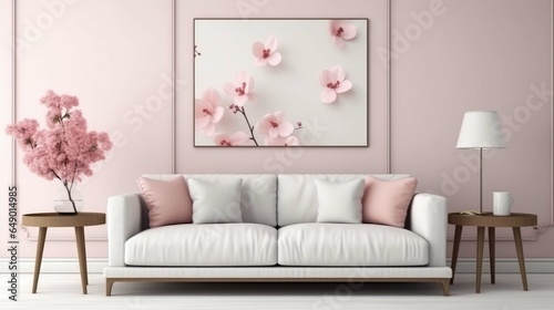  pink and white modern living room with sofa and frames
