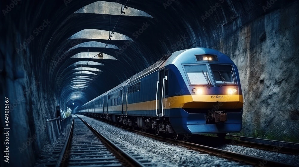 Passenger train crossing tunnel