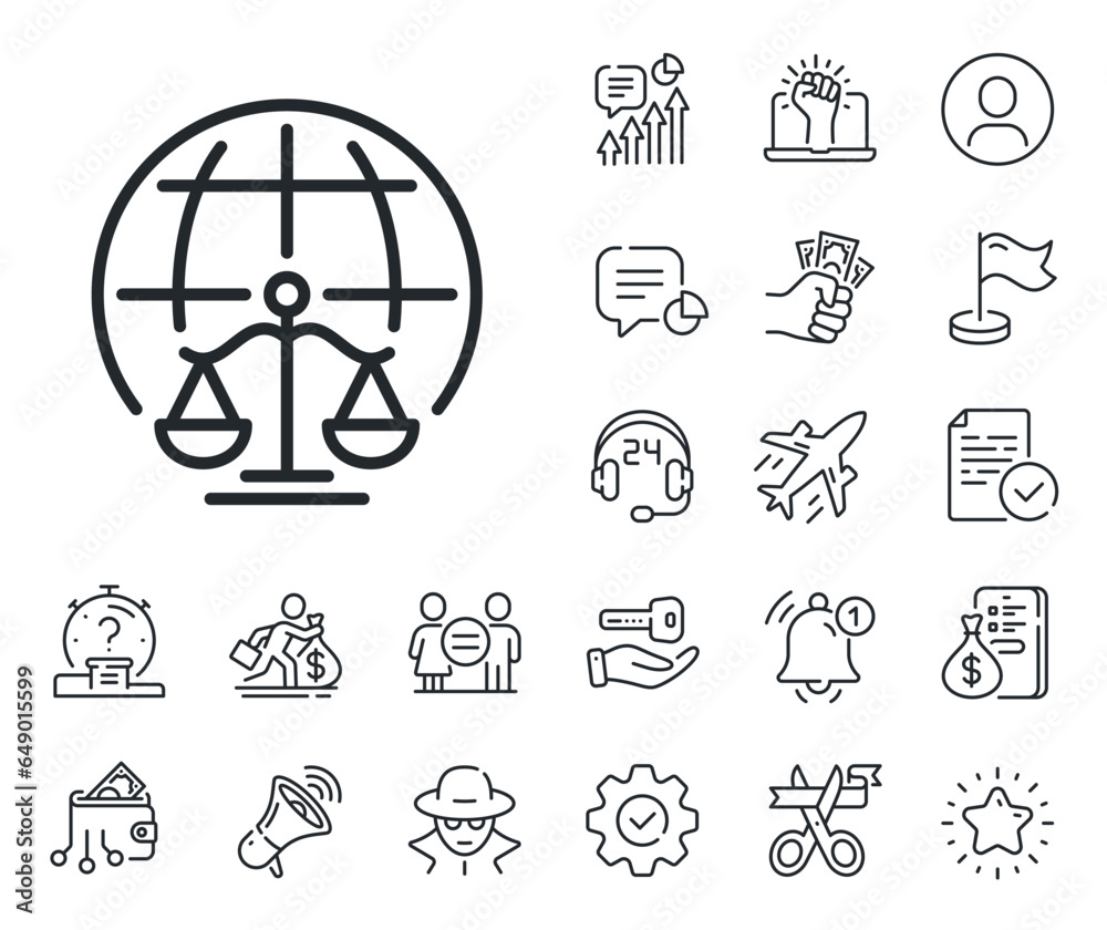 Fototapeta premium Justice scales sign. Salaryman, gender equality and alert bell outline icons. Magistrates court line icon. Internet law symbol. Magistrates court line sign. Spy or profile placeholder icon. Vector