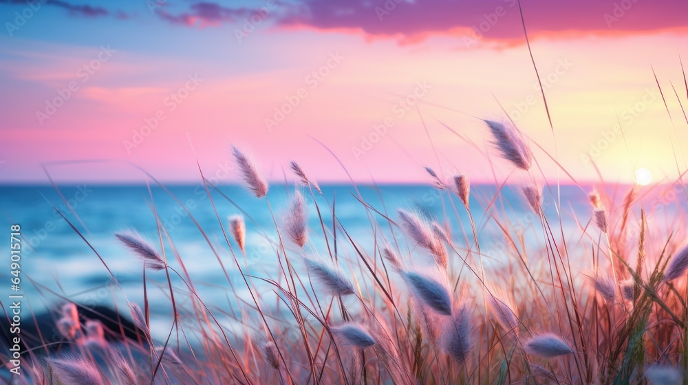 Fototapeta premium Sunset over grass blowing in the wind
