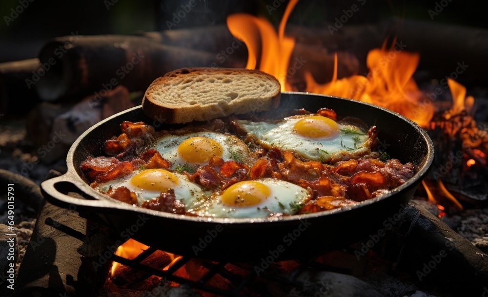 Fototapeta premium Bacon, eggs & breakfast on an open fire