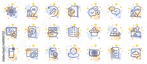 Outline set of Earphones, Refrigerator and Cloud communication line icons for web app. Include Recovery tool, Seo gear, Certificate pictogram icons. Versatile, Seo devices. Vector