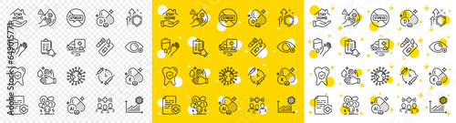 Outline Coronavirus, Dirty mask and Stay home line icons pack for web with Ambulance transport, Covid test, Checklist line icon. Vitamin k, Cholecalciferol, Farsightedness pictogram icon. Vector