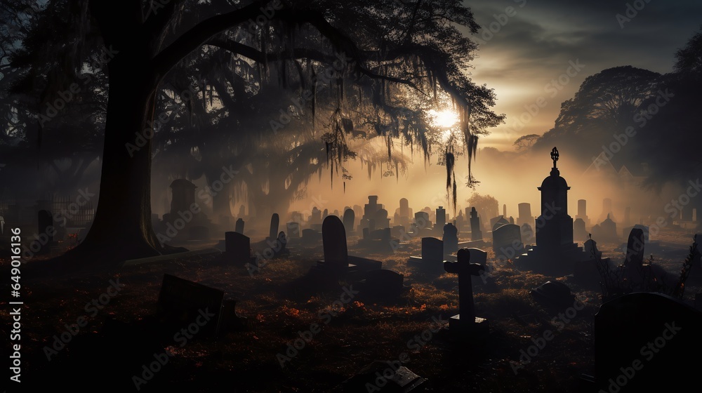 Graveyard of a spooky death forest on Halloween night. Generative AI