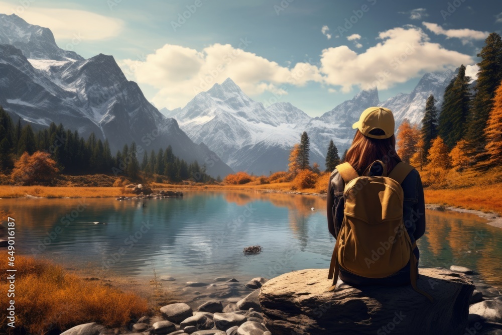A traveler admires a beautiful landscape with a mountain lake. Travel concept. Nature, environment.