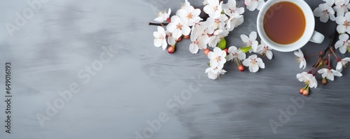 A cup of tea and some flowers on a gray table, in the style of minimalist backgrounds, cherry blossoms © dreamdes