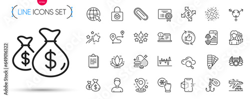 Pack of Internet, Paper clip and Delivery plane line icons. Include Fireworks explosion, Falling star, Pin pictogram icons. Augmented reality, Stock analysis, Lotus signs. Headshot. Vector