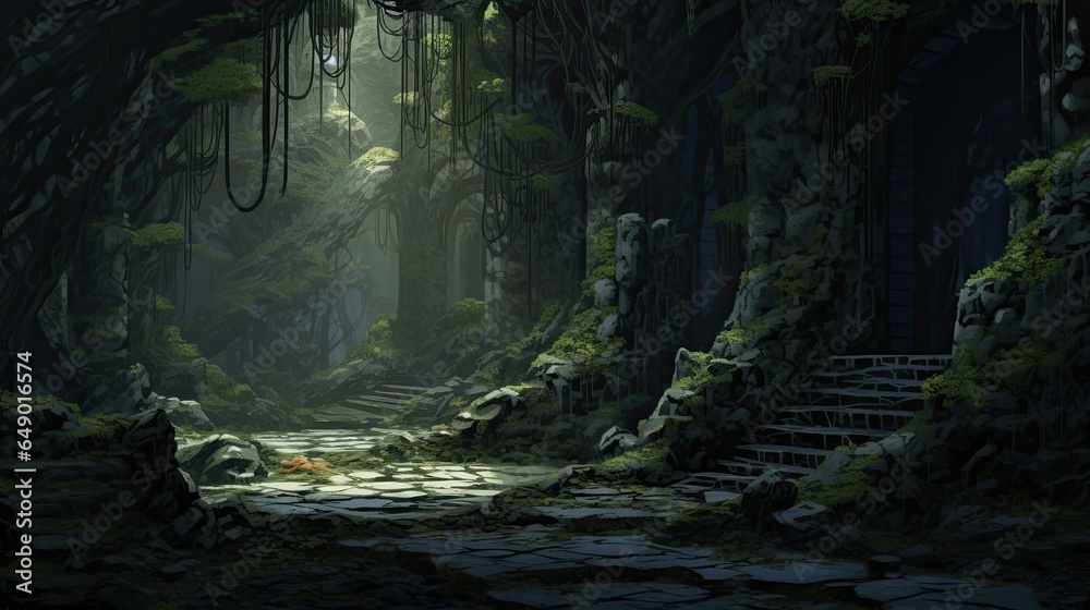 Cave in the forest. AI generated art illustration.