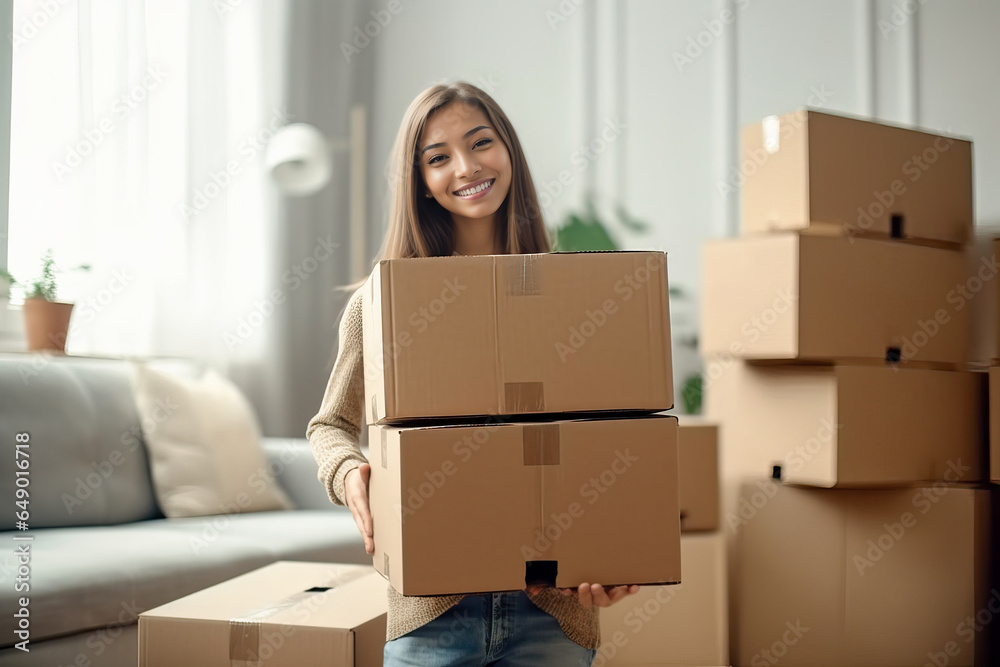 A woman balancing boxes in front of a cozy couch. New home unpacking boxes A woman balancing boxes in front of a cozy couch. New home unpacking boxes