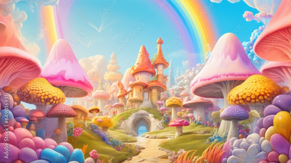 A cartoon fairy land with a rainbow in the sky - obrazy, fototapety, plakaty 