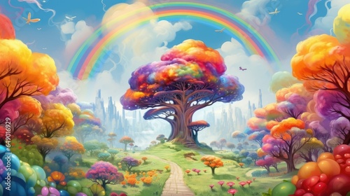 A painting of a rainbow over a colorful forest