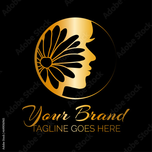 Gold Beauty Salon Logo with Woman Face and Flower