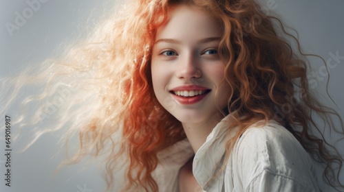 A woman with red hair is smiling for the camera