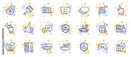 Outline set of Online help, Cursor and Sleep line icons for web app. Include Like hand, Package protection, Open door pictogram icons. Shield, Card, Return package signs. Car parking. Vector