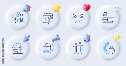 Deckchair, Wallet and Baggage line icons. Buttons with 3d bell, chat speech, cursor. Pack of Dresser, Buying process, Baggage calendar icon. Handbag size, Buyers pictogram. Vector