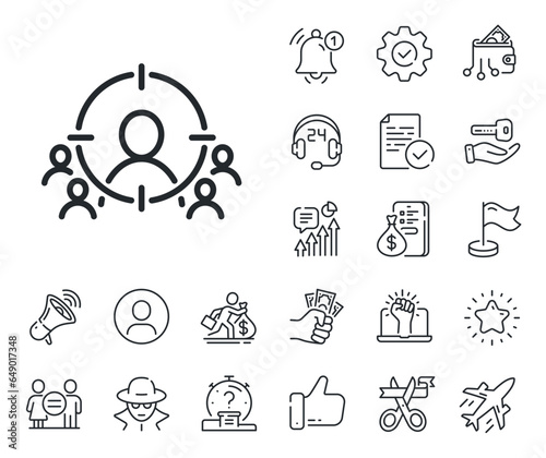 Marketing target strategy symbol. Salaryman, gender equality and alert bell outline icons. Business targeting line icon. Aim with people sign. Business targeting line sign. Vector