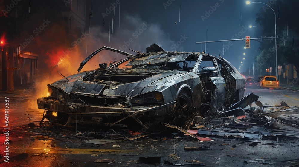 Burned wreckage of sports car in an intersection. Partially still burning Burned wreckage of sports car in an intersection. Partially still burning