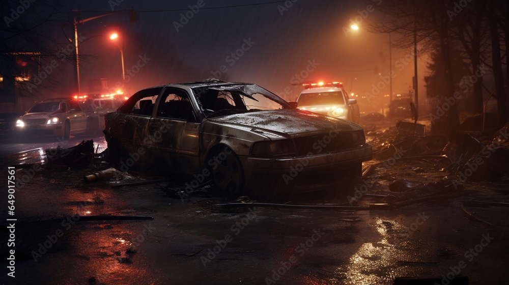 Burned-out Car after an accident. Police Car in the Background.
