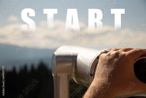 A man looks through tourist binoculars at the Montenegrin ridge in Ukraine in the Carpathians, and the text begins against the backdrop of mountains, start