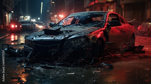 Completely destroyed and fully burned Sports Car at an intersection