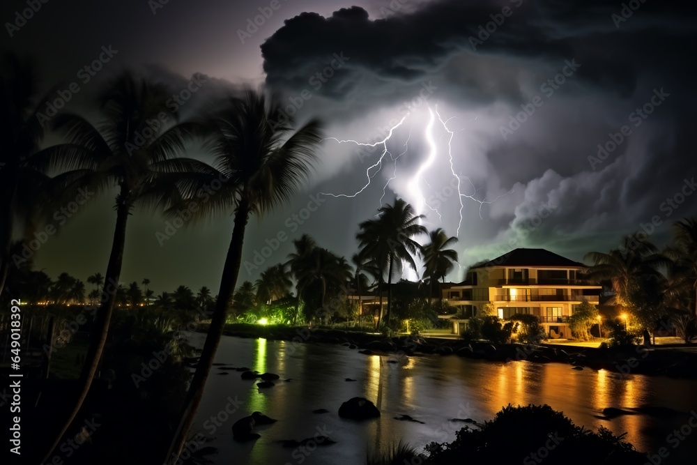 Obraz premium Lightning Storm Over Tropical Resort 